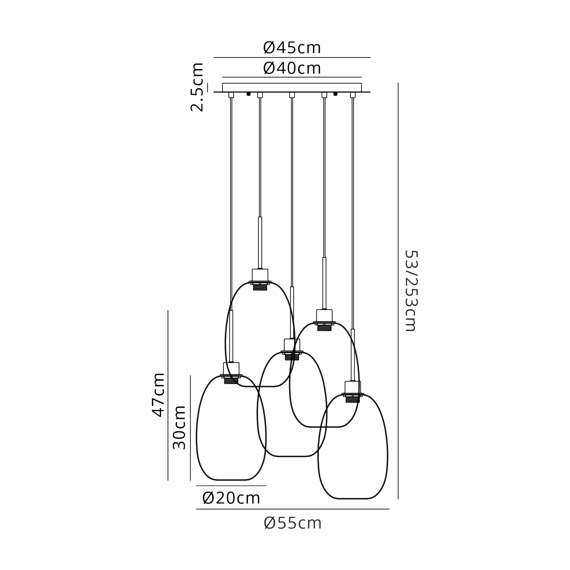 DK1187  Lori cm Round Pendant, 5 Light Adjustable E27, Antique Gold/Amber Slim Curved Trapezium Shades